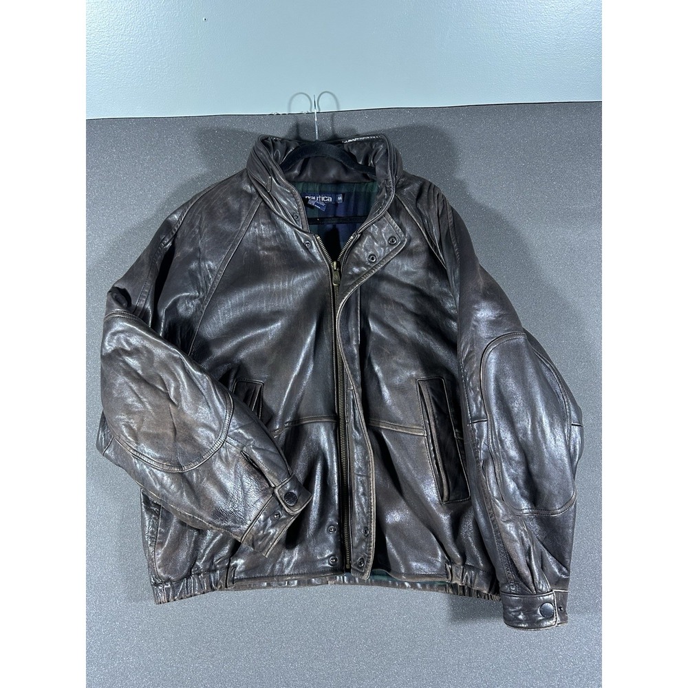 Vintage Nautica Brown Leather Aviator Bomber Jacket Plaid Lining Size 44